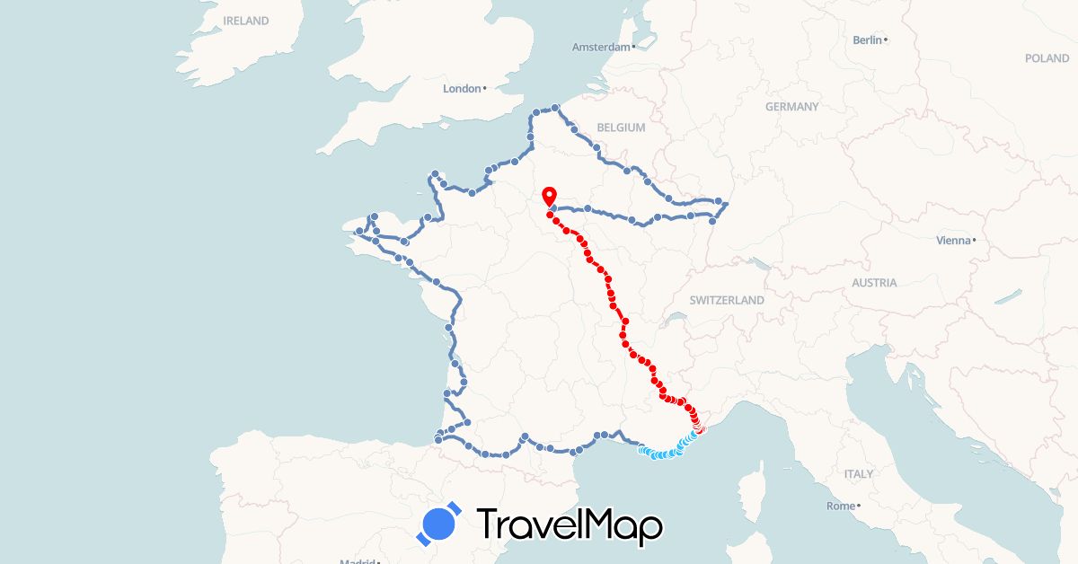 TravelMap itinerary: cycling, nage, course à pied in France, Monaco (Europe)